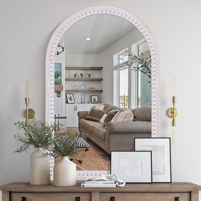 Decointo 36x24 Inch Rustic Farmhouse Arched Wall Mirror | Wooden Decorative Arch Mirrors for Bathroom Over Sink, Entryway, Living Room, Bedroom, Foyer