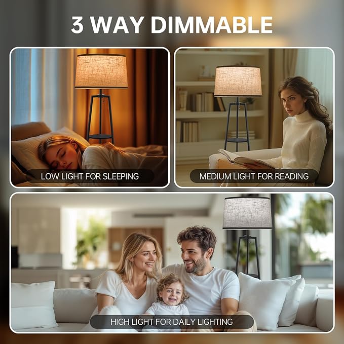 EOEYYOYB 3 Tier Shelf Floor Lamps for Living Room, Modern Standing Lamp with 3 Color Temperature Led Bulb, Tall Lamps for Bedroom and Office, Black