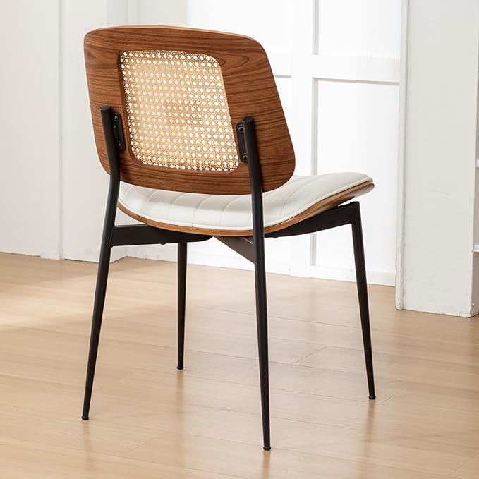 Rattan Dining Chairs Set of 4,Mid Century White PU Leather Kitchen Chairs,Upholstered Seat Metal Legs Chairs with Adjustable Foot Pads,Walnut Armless Side Chairs