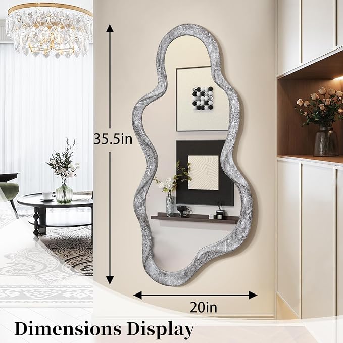 Irregular Asymmetrical Mirror for Wall Decor Large Modern Wooden Framed Wall Mirror Unique Shape Wall Mounted Vanity Artistic Wavy Mirror Decorative for Living Room Bedroom Bathroom Entryway