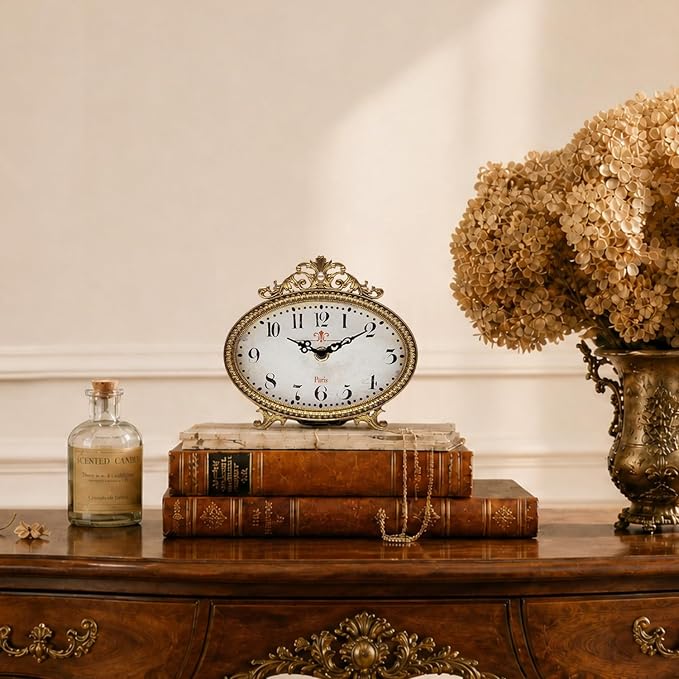 NIKKY HOME Vintage Table Clock, French Gold Color Rococo Style Desk Clock Battery Operated Rustic Design, Home Décor for Living Room, Bedroom, Bedside, Desk, Gift Clock