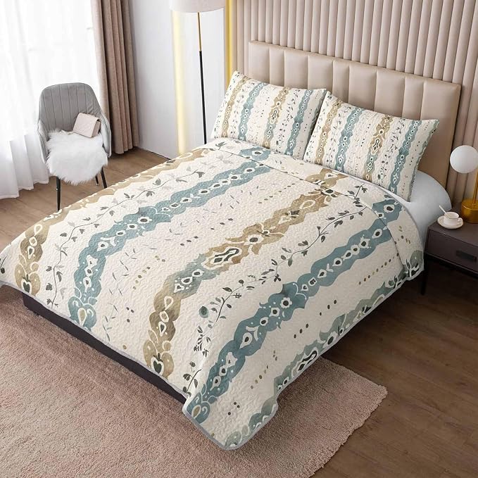 AILONEN Full Quilted Comforter 3-Piece Set, Bohemian Medallion Stripe Bedspread Coverlet 2 Pillowcases, Cyan Tan Bedding Teens Guest Room Apartment Shabby Chic Tribal Botanical Vertical
