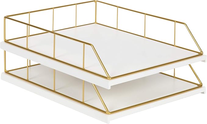 Kate and Laurel Benbrook Stacked Metal and Wood Letter Trays, White and Gold