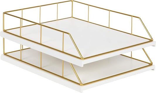 Kate and Laurel Benbrook Stacked Metal and Wood Letter Trays, White and Gold