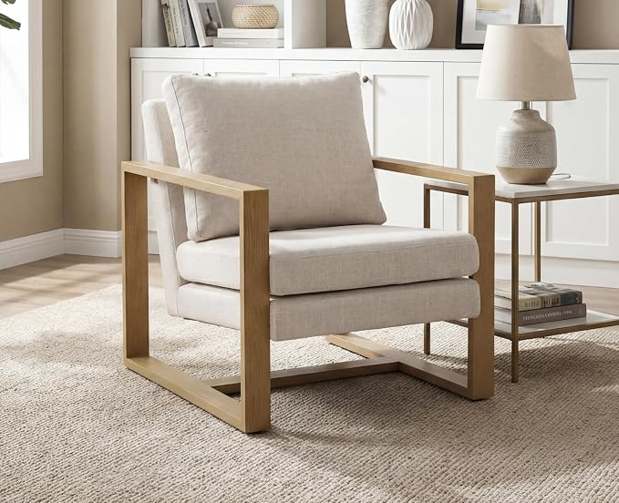 CIMOTA Modern Accent Chair Mid Century Armchair with 8.5" Thick Cushion & Armrests Comfy Linen Fabric Reading Lounge Chair with Metal Frame for Living Room Bedroom Office, Natural Wood Finish Beige