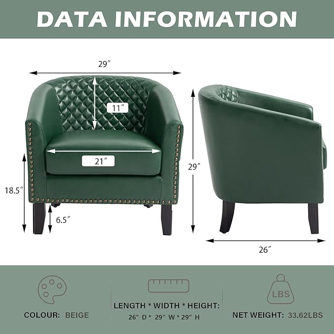 UIXE Faux Leather Barrel Accent Chairs Set of 4, Modern Club Upholstered Arm Chair, Comfy Armchair Nailed Trim Living Room Single Sofa Reading Seat Bedroom Side Sitting for Office, Green