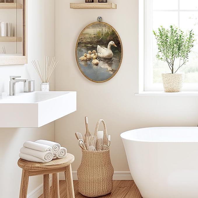 CGBHW Vintage Duck Oval Wall Art Decor, Spring Country Landscape Animal Canvas Prints Framed, Rustic Farmhouse Wall Art Hanging Decor for Home Kitchen Bedroom Living Room Decoration, 8.6x11.4 Inch