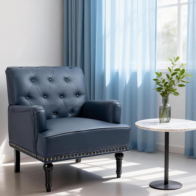 MOJAY PU Leather Accent Chair, Mid-Century Armchair Living Room Sofa Chair with Rubber Wood Leg, Club Chair with Rivet Trim for Bedroom Reading Room Reception (DarkBlue)
