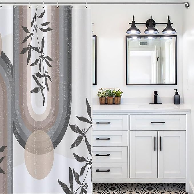 Boho Leaf Mid Century Shower Curtains, Bohemian Plant Mid Century Tropical Abstract Modern Washable Waterproof Fabric for Bathroom Decor Bathtub with 12 Hooks 55x72in（140x183cm）