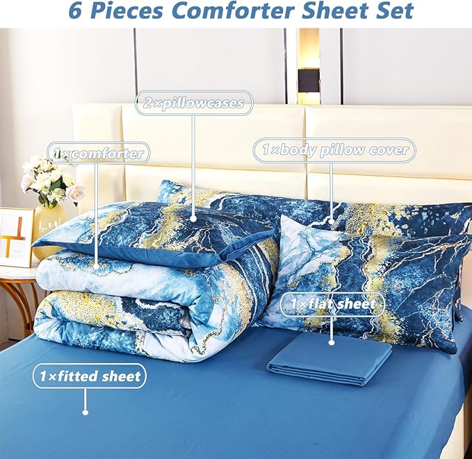 PERFEMET 6 Piece Blue Comforter Set Full Bed in A Bag Set Aesthetic Capri Blue and Gold Marble Bedding Set with Sheets Soft Luxury Watercolor Burning Mountain Printed Bedroom Sets(Capri Blue, Full)