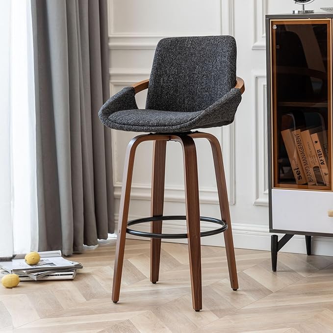 LUNLING 25.6" Counter Height Barstools Mid Century Modern Retro Bar Chairs Charcoal Gray Linen Look Fabric Upholstered and Walnut Wood Frame for Home Bar Furniture(Darkgrey,1PCS)