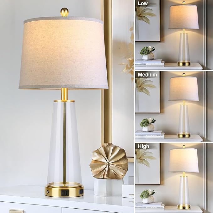 26" Glass Table Lamp Set of 2 with USB C+A Ports and AC Outlet, 3 Way Touch Modern Bedside Lamps for Night Stands, Gold Nightstand Lamps for Bedroom Living Room