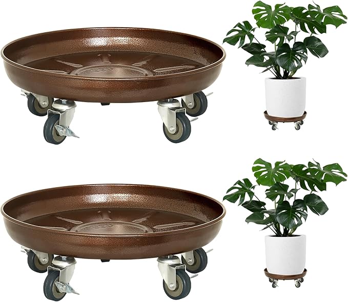 Plant Saucer 16" Rolling Plant Caddy Rolling Plant Stand with Wheels – Heavy Duty Metal, Locking, Sturdy, Rust-Resistant Finish, and Easy to Move, 420 lb Capacity, 2 Pack