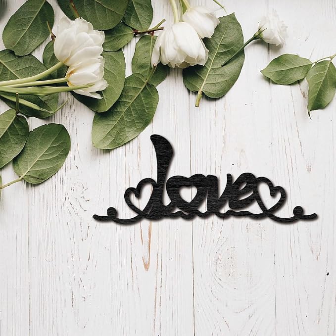 CREATCABIN Love Letter Cutouts Laser Cut Wooden Hearts Valentine's Day Sign Wood Black Wall Art Hanging Sculpture for Wreath Front Door Wall Home Hotel Wedding Birthday Party Decoration 11.8x4.7in