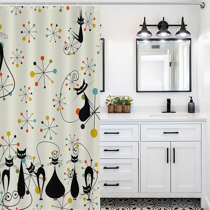 Mid Century Atomic Cat Shower Curtains, Atomic Abstract Geometric Cat Retro Pattern Waterproof Shower Curtains for Bathroom Decor 12 Pack Hooks 55x72in（140x183cm）