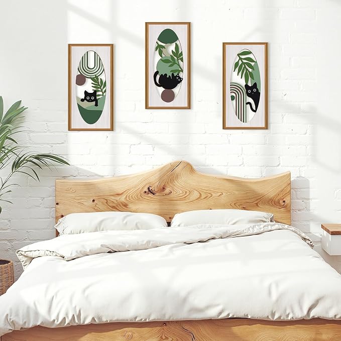 Celestdeco Boho Black Cat Wall Decor,Green Boho Wall Art,Mid Century Modern Decor Kitty,Abstract Geometric Line Artwork Cats,Green Plants Bohemian Botanical Cat Wood Art for Home Bedroom Living Room