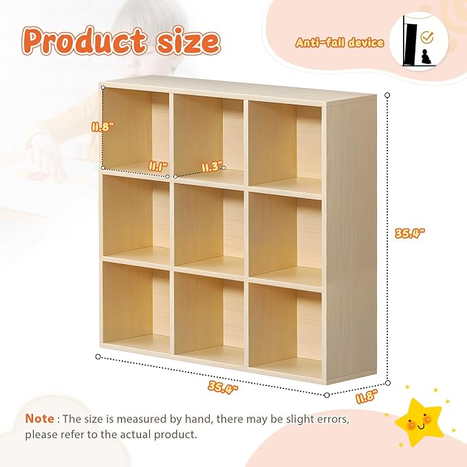 9 Cube Storage Organizer, Cubby Storage Organizer, Cube Shelf with Back Plate, Wooden Kids Bookcase for Toy, Solid Wood Cube Storage for Living Room/Bedroom/Hallway/School, Easy to Install