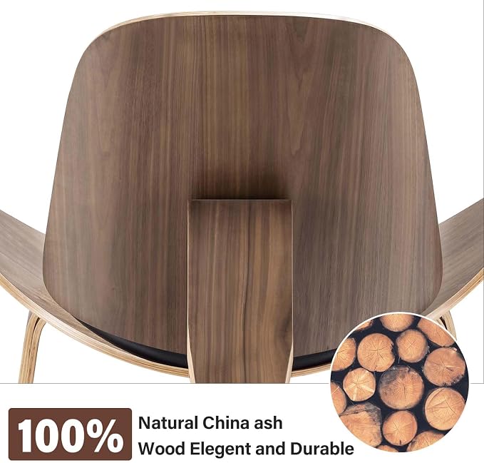 Mid Century Modern Shell Lounge Chair, PU Leather, Tripod Plywood Classic Design Solid Wood Accent Chairs for Living Room, Reading, Lounge, Office, Salon