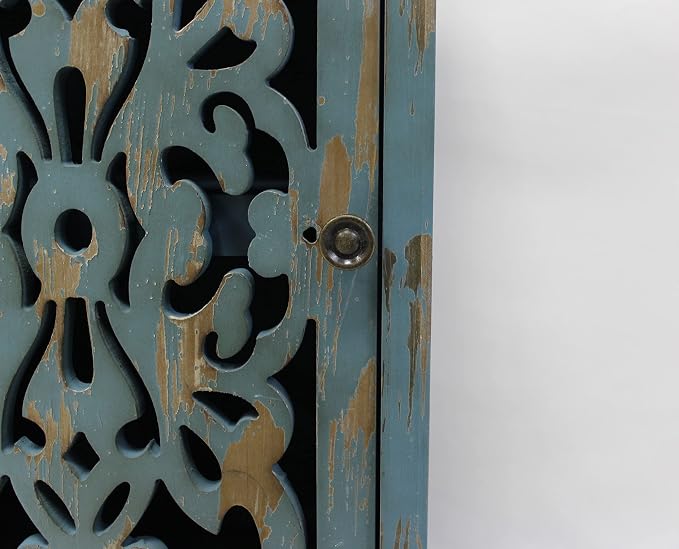 eHemco Distressed Blue Accent End Table with Pierced Floral Fretwork Door – Vintage Rustic Wood Storage Side Table for Living Room