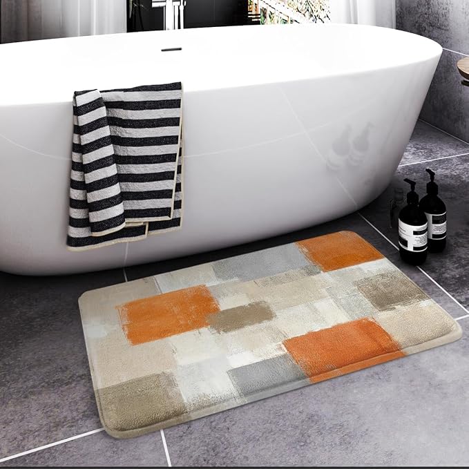Britimes Bath Mat for Bathroom No Slip Orange Gray Abstract Graffiti Geometric Cover Floor Rug Carpets Floor Mat Bathroom Decorations 18x30 inches for Kitchen Bedroom