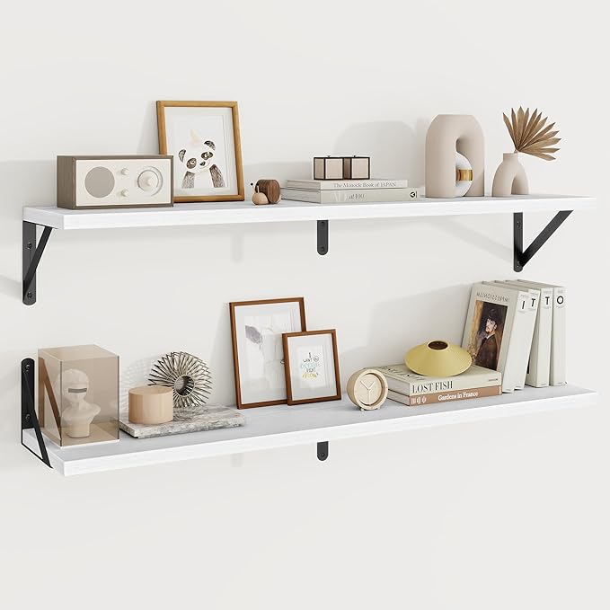 Floating Shelves, 8 Inch Deep Rustic Wood Wall Storage, 36W x 8D Wall Shelves Set of 2, Heavy Duty Metal Brackets, Industrial Book Shelf for Living Room, Kitchen, Bathroom, Bedroom, White