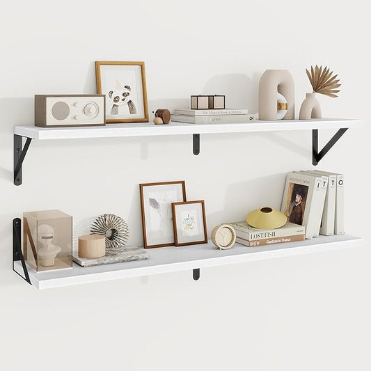 Floating Shelves, 8 Inch Deep Rustic Wood Wall Storage, 36W x 8D Wall Shelves Set of 2, Heavy Duty Metal Brackets, Industrial Book Shelf for Living Room, Kitchen, Bathroom, Bedroom, White
