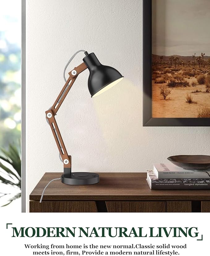 ELYONA Modern Sapele Wood Desk Lamp with Upgraded Wireless Charger & USB C Charging Port Swing Arm Table Lamp Bedside Reading Task Light for Dorm Office Bedroom Living Room LED Bulb Included Black