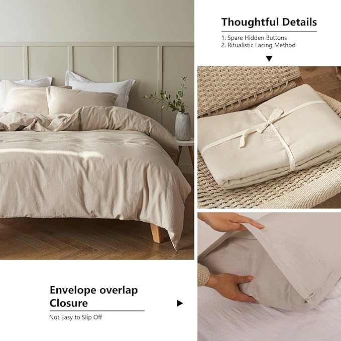 FALUCA French Linen Blend Duvet Cover Set 3Pcs Queen (88"x92") - Soft, Breathable, Cooling Farmhouse Bedding for Hot Sleeper (Queen, Linen)