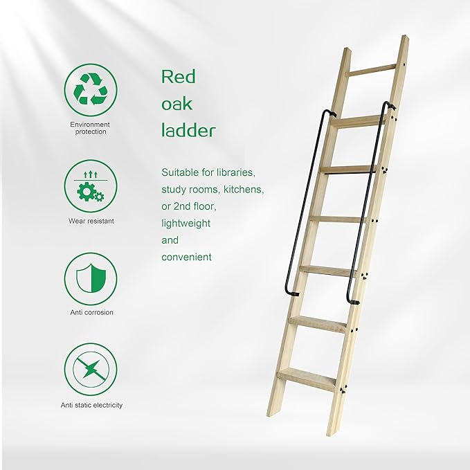 87in Red Oak Sliding Library Ladder with Handrail,Unassembled