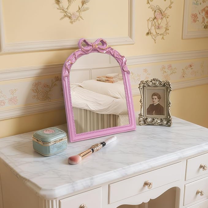 Pink Bow Mirror - 13x10 Inch Elegant Decorative Accent, Wall-Mounted & Tabletop Makeup Mirror for Bedroom Decor