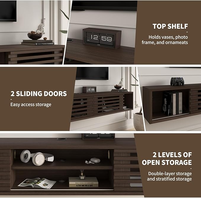 94" Floating TV Stand with Slatted Sliding Doors, Mid-Century Modern Wall Mounted Entertainment Center, Walnut Media Floating tv Console for 85 TV, Space-Saving Cable Management