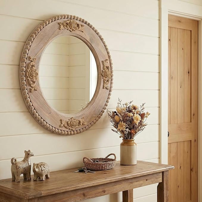 sawsile Round Wood Mirror,24 inch Circle Rustic Farmhouse Natural Wooden Frame Boho Beads Wall Mirror for Bathroom,Living Room,Bedroom or Entryway