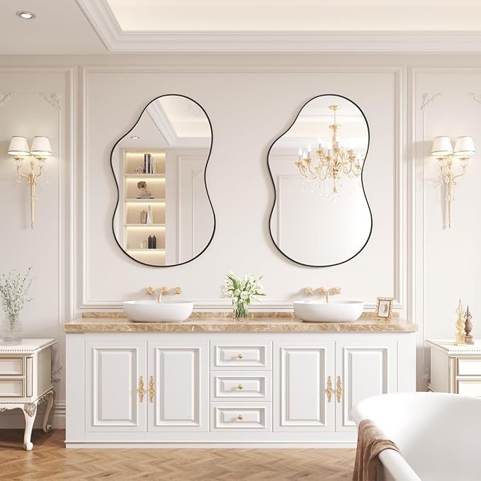 WEER Irregular Wall Mirror, 24x36 inch Black Asymmetrical Wall Mounted Mirrors Decorative, Abstract Wavy Aluminum Alloy Frame for Bathroom, Bedroom, Living Room, Entryway