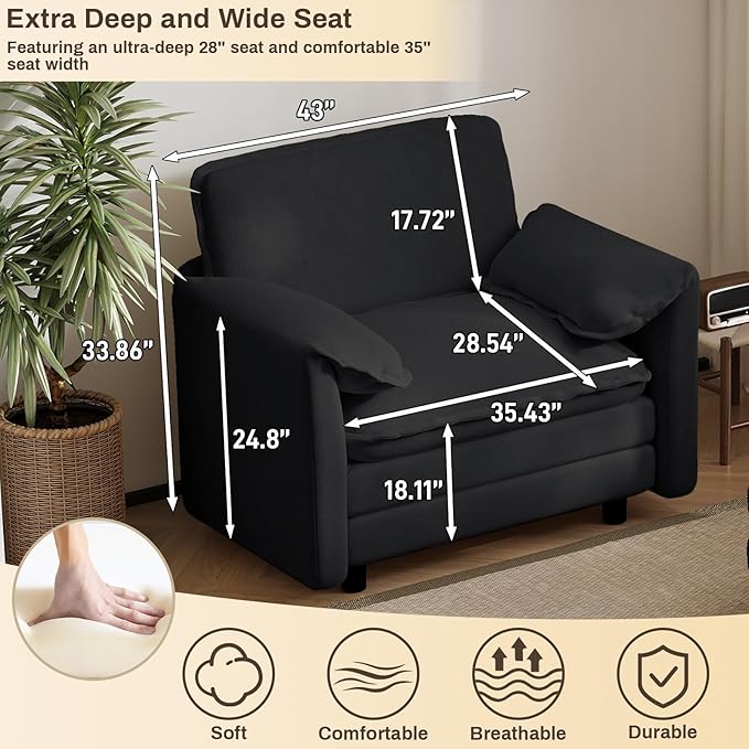 Oversized Chaise Lounge Chair Indoor with Ottoman, Firm Solid Wood Frame with Long Service Life Chenille Oversized Lounge Reading Chair for Study Room - Black