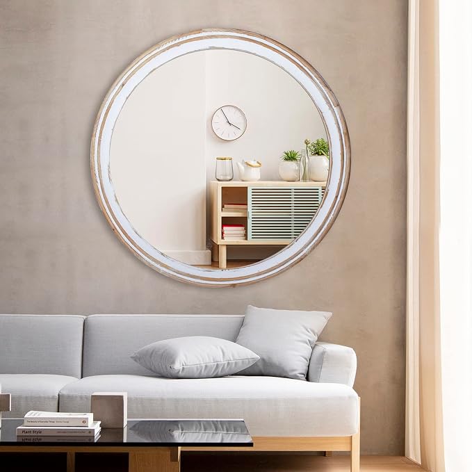 Reflinto 30 Inch Rustic Farmhouse Wooden Round Mirrors for Wall Decor, | Washwhite Decorative Circle Mirror for Bathroom Over Sink, Entryway, Living Room, Foyer