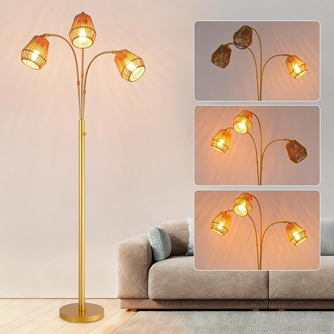 9MMML Vintage Gold Arc Floor Lamp with Rotatable Arms & Rattan Lampshade, 3-Light Mode Rotary Switch Adjustable, 72.5'' Tall Standing Lamp for Living Room, Bedroom, E26 Base