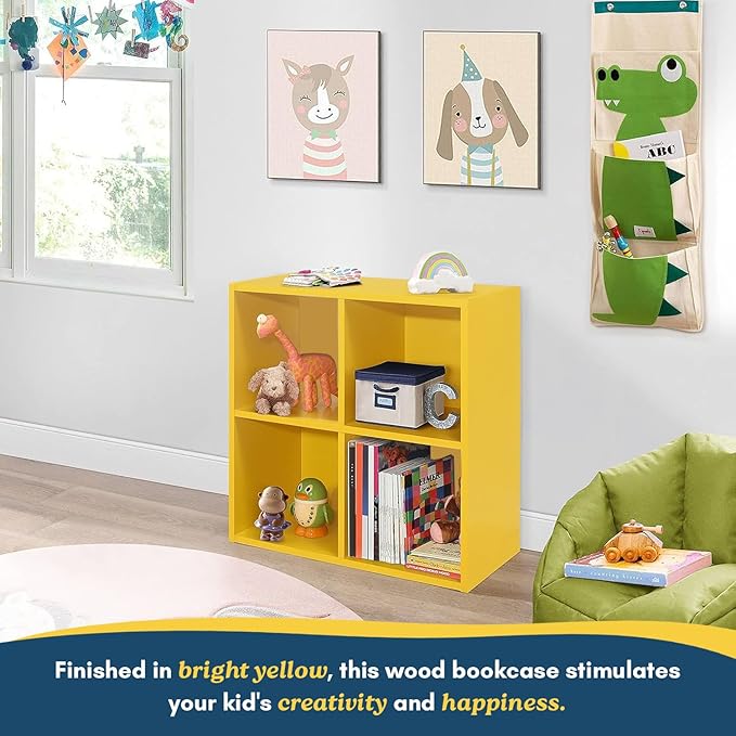 Kings Brand Furniture - George 4-Cube Storage Organizer, 2-Tier Bookcase with Wood Shelves for Living Room, Bedroom, Nursery, or Home Office (1, Yellow)
