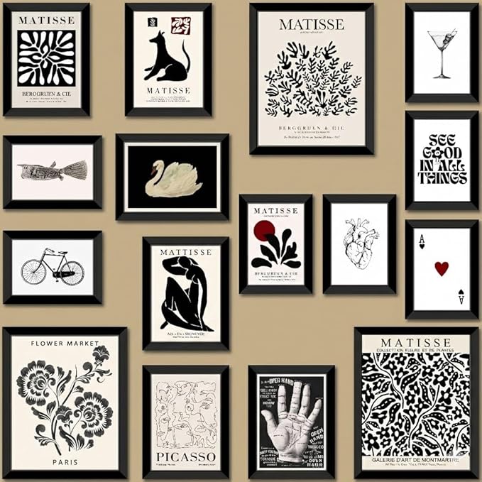 LANCHI95 16 PCS Black and White Home Decor, Eclectic Wall Art, Minimalist Posters for Living Room Aesthetic, Matisse Abstract Gallery Wall Prints for Bedroom, Collage Kit Pictures (FRAMED, Black Eclectic 1)