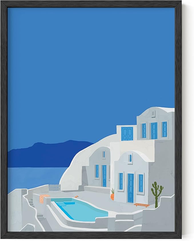 HAUS AND HUES Vintage Travel Posters - Greece Art Prints for Wall Decor, Blue Posters of Travel Themed Photo, Beachy Aesthetic Wall Art Prints, Greece Photo, Mykonos Artwork (12x16, Unframed)