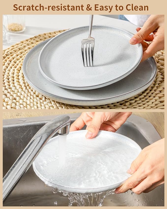 Hasense Plates and Bowls Sets, 3 Pieces Modern Porcelain Dishes Sets, Stoneware Dinnerware Sets with Speckled Pattern, Scratch Resistant Microwave and Dishwasher Safe, White