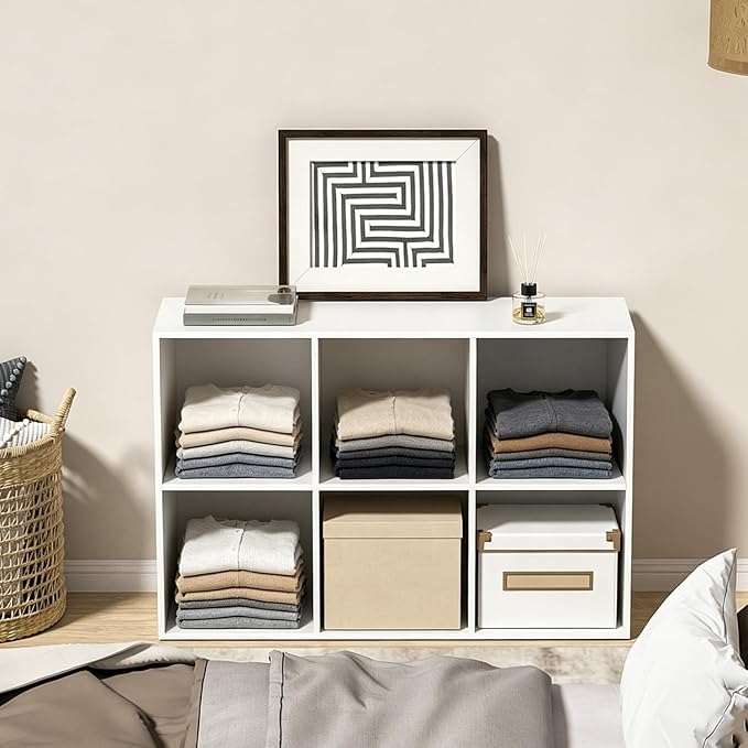 Wooden 6 Cube Storage Organizer with Closed Back Panel,White Cube Shelf Cubby Storage Organizers with Compartments for Living(White, 6 Cube-13in)