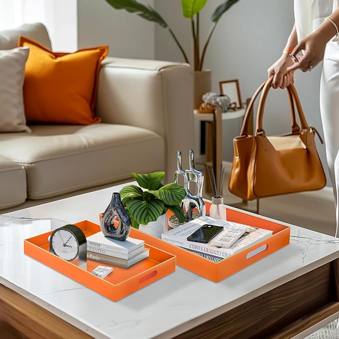 MAONAME Orange Serving Trays Set of 2, Plastic Decorative Trays with Handles, Rectangular Coffee Table Tray for Ottoman, Nesting Tray for Living Room, Bedroom