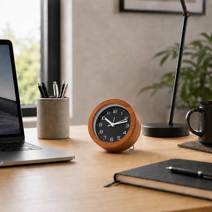 Analog Alarm Clock 5" Silent Non-Ticking Small Solid Wood Desk Clocks Battery Operated Simple Style Retro Table Clock for Office/Bedroom/Kitchen/School/Bedside/Shelf (Dark Wood, Circular)