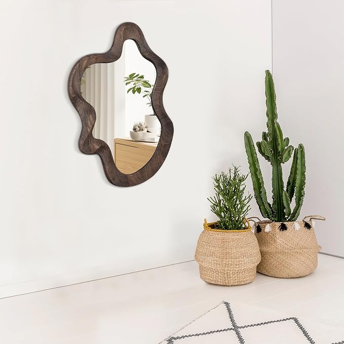 Asymmetrical Wavy Mirror for Wall Decor - Large Cute and Stylish Unique Wooden Framed Artistic Cloud Mirror, 21.6"x15" - Decorative for Living Room, Bedroom, Bathroom, Entryway