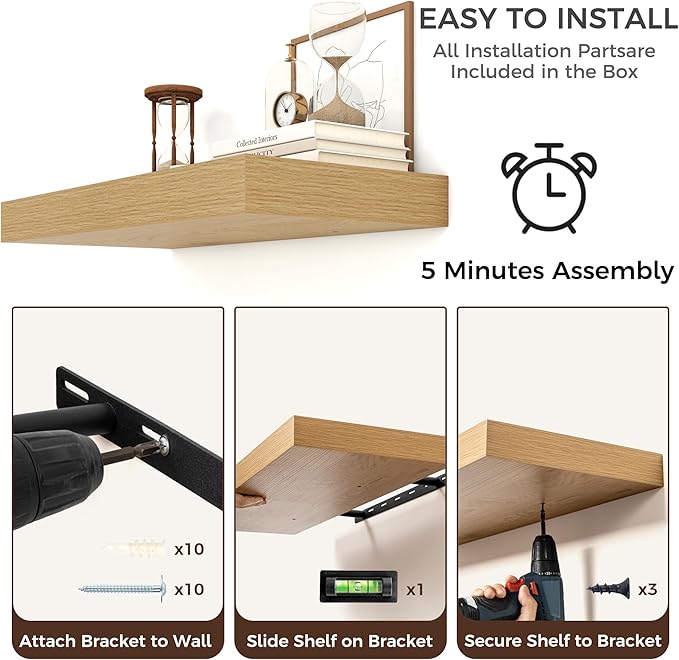 Floating Shelves for Wall, 36" W x 12" D x 2" H, 2 Pack of Long Wall Mounted Engineered Wood Shelves with Invisible Brackets for Living Room, Bedroom, Bathroom, Kitchen Decor, Oak