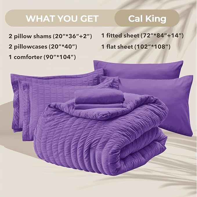 HYMOKEGE Dark Purple California King Comforter Set Seersucker 7 Pieces, All Season Luxury Bed in a Bag for Bedroom, Bedding Set with Comforter, Sheets, Pillowcases & Shams