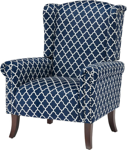 Modern Plaid Accent Chair, Mid-Century Upholstered Wingback Armchair Club Sofa Chair with Wooden Legs, Living Room Chair for Bedroom, Balcony, Lounge (Blue Check)