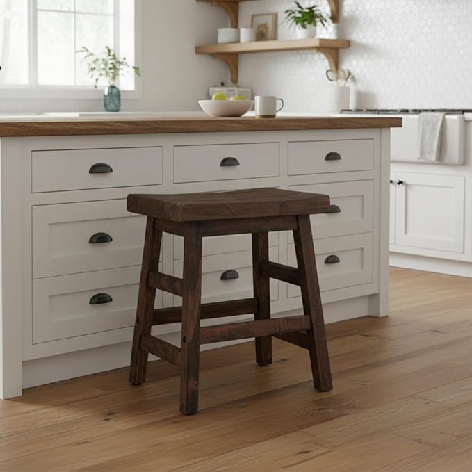 Alaterre Furniture Pomona 20-Inch Counter Height Saddle Seat Barstool – Solid Wood, Backless Rustic Farmhouse Stool in Natural Finish for Kitchen Island or Dining Room (Natural)