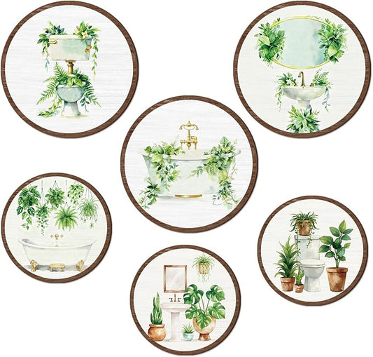 TOARTi 6pcs Minimalist Botanical Bathroom Wall Art Set(9.9”x3/7.9”x3) Round Sage Green Plant Wall Hanging Farmhouse Plant Toilet Wooden Sign Sage Botanical Wall Decor for Washroom Toilet
