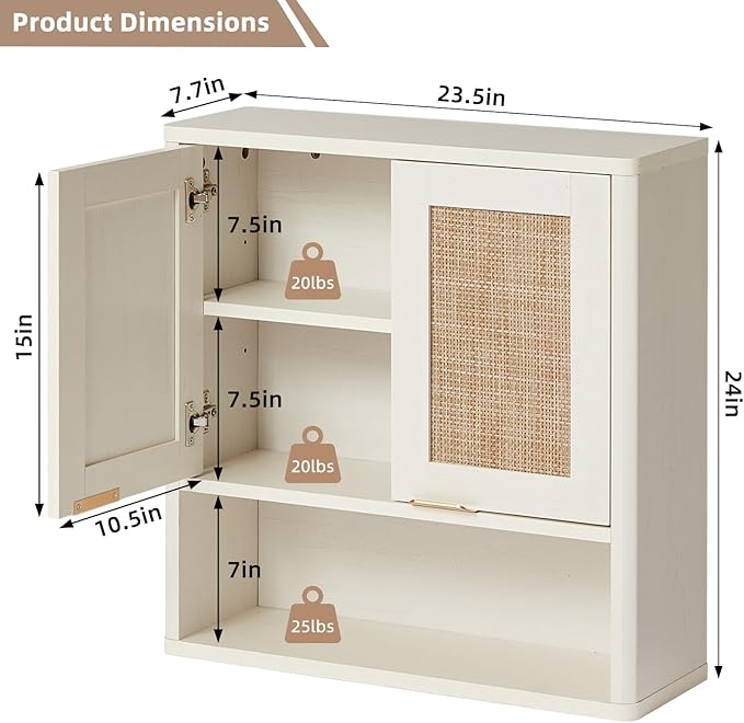LEYAOYAO Rattan Bathroom Wall Cabinet, Boho Medicine Cabinet with Adjustable Shelve & Doors, Over The Toilet Storage Cabinets Organizer for Laundry Room, Kitchen, Living Room, White